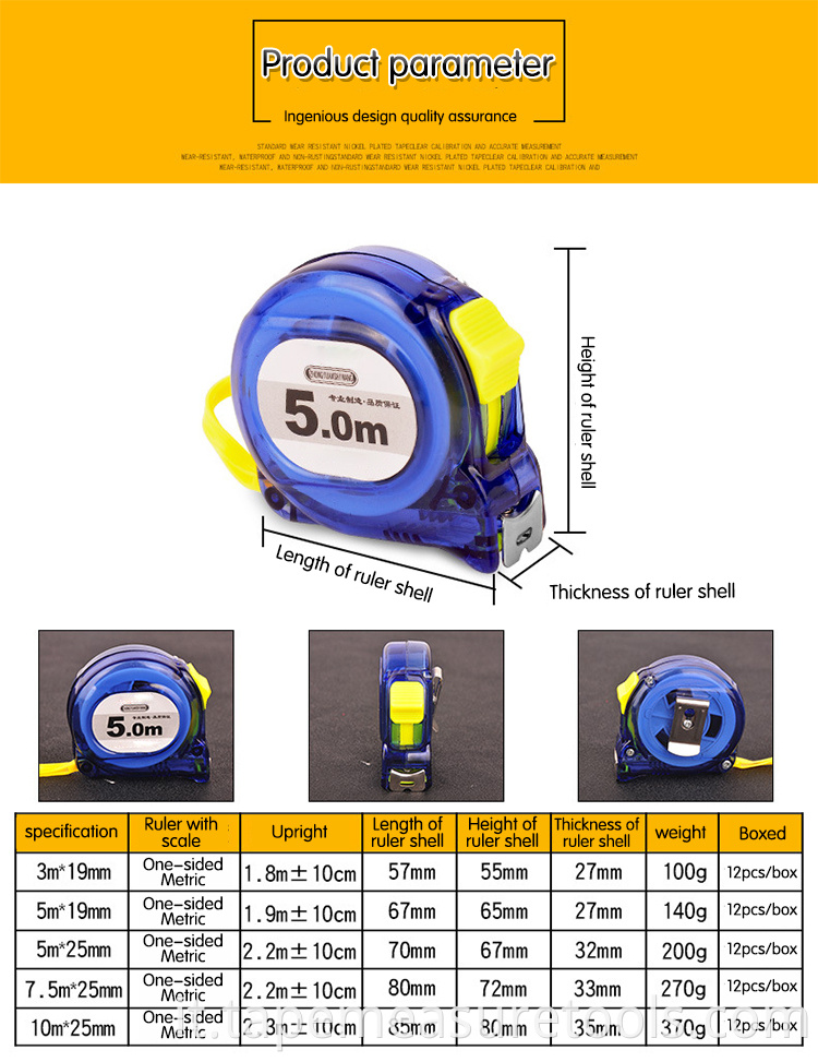 Metro a nastro per cintura con righello in acciaio inossidabile trasparente con guscio righello 3m 5m 7.5m 10m